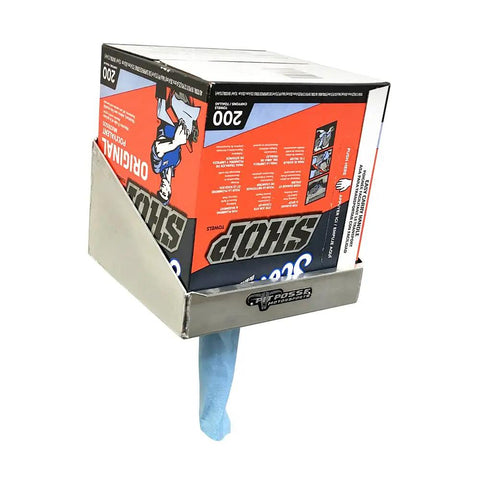 Rag Box Dispenser Rack For The Garage And Shop Aluminum Organizer For Quick One Hand Rag Grabs Paper Towel Storage Silver with box inserted.