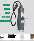 Ultrasonic air leak detector handheld with gray body and 420mm probe; includes headset, handbag, manual, and box.