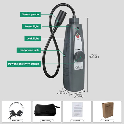 Ultrasonic air leak detector handheld with gray body and 420mm probe; includes headset, handbag, manual, and box.