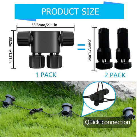 8 Pack Low Voltage Landscape Wire Connectors For 12 To 20 Gauge Cable with dimensions and sample outdoor setup