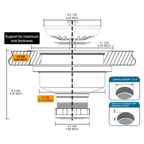 Diagram of 3-1/2 Inch Kitchen Sink Drain Assembly With Removable Strainer Basket Stopper Matte Black Finish, 304 Stainless Steel.