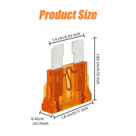 Heavy Duty Automotive Blade Fuses Assortment Kit With Puller 3 To 40 Amp Set for plug and play repairs, showing dimensions of an orange blade fuse.