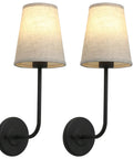 Rustic Vintage Wall Sconce Set Of 2 With Flared Funnel Linen Shade Matte Black Bedside Lamps For Bedrooms Reading Nook