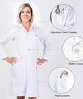Women White Lab Coat For Medical Pros Pro Grade Long Sleeve Doctor Costume Style Button Closure Breathable Polyester Wrinkle Resistant with pockets