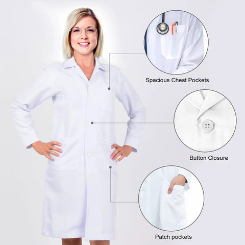 Women White Lab Coat For Medical Pros Pro Grade Long Sleeve Doctor Costume Style Button Closure Breathable Polyester Wrinkle Resistant with pockets