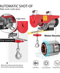 VIVOHOME electric hoist with remote control, red motor housing; zinc-plated steel wire rope; 440 lb capacity, 38 ft lift