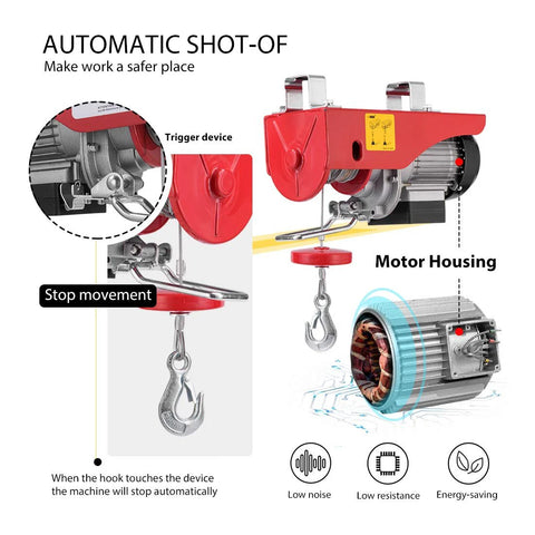 VIVOHOME electric hoist with remote control, red motor housing; zinc-plated steel wire rope; 440 lb capacity, 38 ft lift