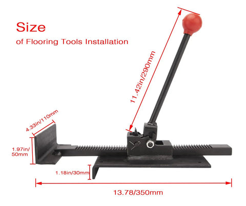 Flooring Jack Tool For Hardwood And Laminate Installations with ratchet, size dimensions shown for wood floor positioning