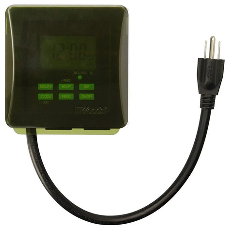 Heavy Duty Outdoor Digital Plug In Timer With 7 Day Programmable Schedule, Dual Grounded Outlets, Weatherproof And Energy Saving, front view
