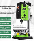 Heavy Duty 800W Bench Drill Press With Clear Digital Panel And Six Smooth Speed Gears Running Up To 2500 RPM showcasing control panel and drill features.