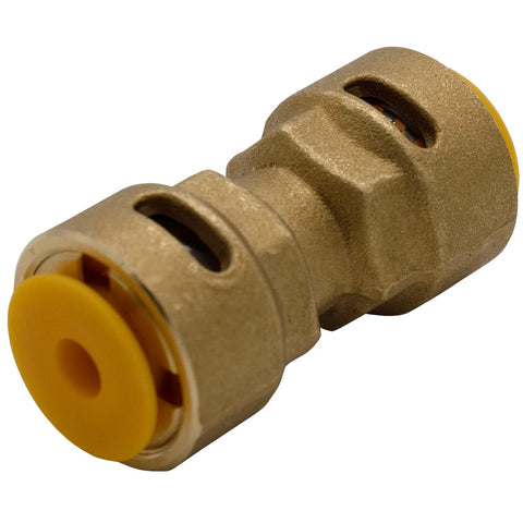 Close-up of brass 3/8-inch HVAC quick-connect coupling with yellow plastic release cap.