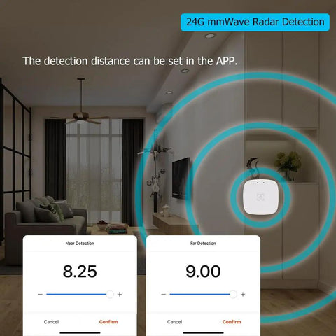 Smart 24GHz MmWave Motion Sensor With Zigbee Presence Detection in living room with app controls for automation.