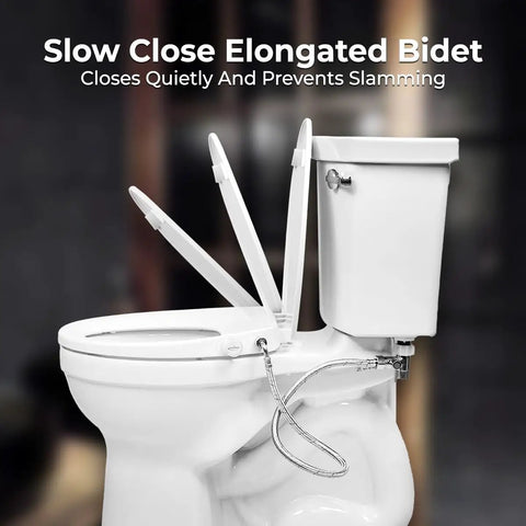 Left Side Elongated Bidet Toilet Seat With Dual Nozzles, T Adapter And Bottle, adjustable water pressure, slow close lid.