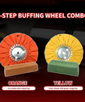 Aluminum Polishing Kit With Dual Buffing Wheels Polishing Compounds showing orange and yellow wheels with bars.