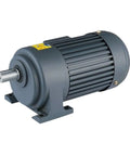 Badass Three Phase Gear Reducer With 380V Horizontal Mount And Variable Frequency Speed Motor, gray motor with shaft and cooling fins.