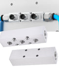 Three Way Aluminum Air Manifold With Five Ports, One Quarter Inch NPT Output And Half Inch NPT Supply Port, shown with blue hoses