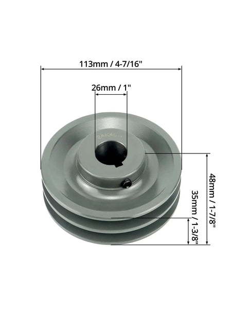 Double Groove V Belt Pulley, 4.45 Inch Outside Diameter, 1 Inch Fixed Bore, 2 Groove Sheave For A, 3L And 4L V Belts, Cast Iron Construction For Durability And Long Life.