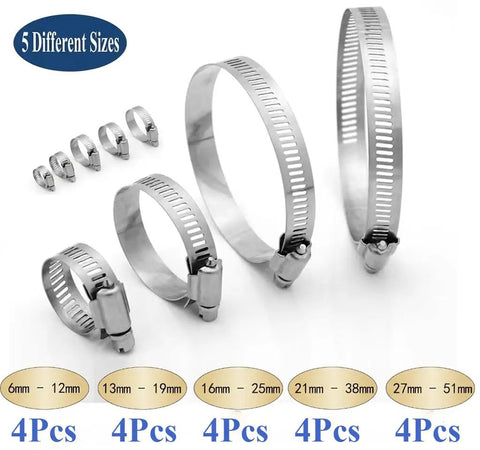 30Pcs 304 Stainless Steel Hose Clamps Set With 6-51mm Adjustable Worm Gear Clamps in 5 sizes for various uses