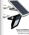 JUDYSSY Solar Floodlight Outdoor with stainless steel pole brackets, easy installation for garden and garage use.