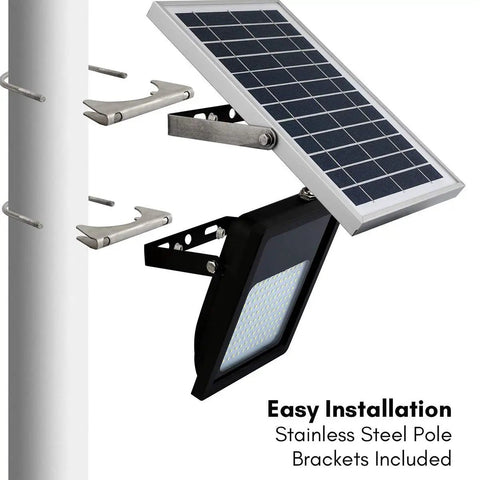 JUDYSSY Solar Floodlight Outdoor with stainless steel pole brackets, easy installation for garden and garage use.