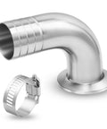 Stainless steel sanitary hose elbow, 90-degree, 3/4 in barb, 1.5 in tri-clamp ferrule, with clamp