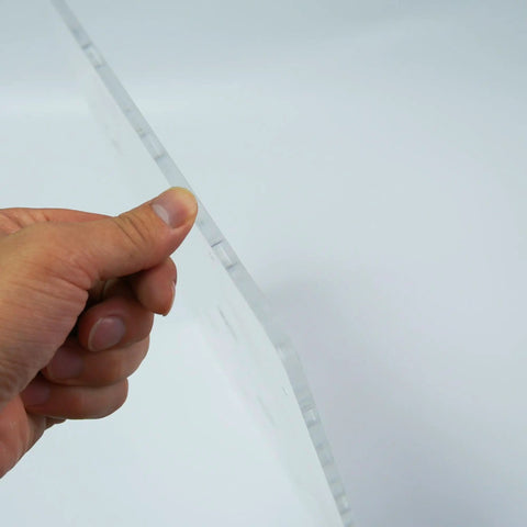Heavy Duty Acrylic Router Template For Dog Hole Spacing 3/4 Inch Straight Shot Woodworking Guide held in hand.