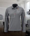 Women's Long Sleeve Polo Shirt Grey Large Classic Fit Work Uniform Top with ribbed cuffs and sunglass loop detail.
