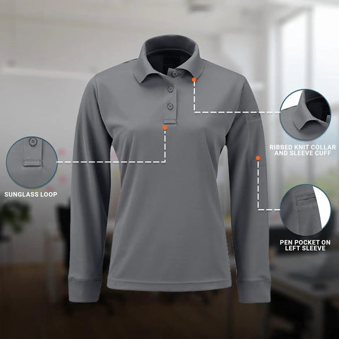 Women's Long Sleeve Polo Shirt Grey Large Classic Fit Work Uniform Top with ribbed cuffs and sunglass loop detail.
