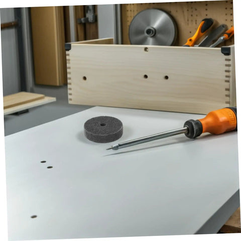 6 Pieces Nylon Buffing Wheels For Metal Finishing And Furniture Polishing With 75Mm Size And 10mm Hole Diameter on workbench.