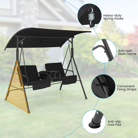 Two Person Porch Swing With Canopy Outdoor Swing With Pivot Storage Table Cooler Bag Two Cup Holders Removable Cushions, shown with frame details