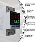 Voltage Protector For Home And Office Electronics 110V 220V AC And DC 80 To 300V, 1 To 63A Adjustable Smart Circuit Breaker With Overvoltage And Undervoltage Cutoff, DIN Rail Mount, Two Pack Keeps Your Gear Safe. DIN rail module with LCD display and blue buttons