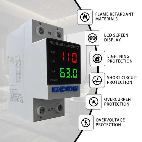 Voltage Protector For Home And Office Electronics 110V 220V AC And DC 80 To 300V, 1 To 63A Adjustable Smart Circuit Breaker With Overvoltage And Undervoltage Cutoff, DIN Rail Mount, Two Pack Keeps Your Gear Safe. DIN rail module with LCD display and blue buttons