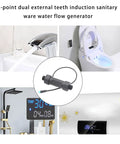 2-point dual external teeth induction sanitary ware water flow generator surrounded by sanitary fittings and displays.