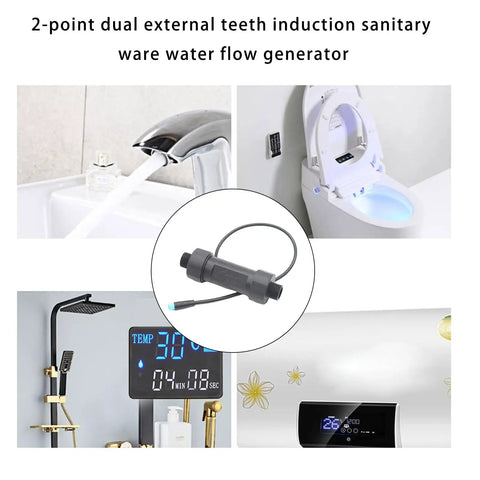 2-point dual external teeth induction sanitary ware water flow generator surrounded by sanitary fittings and displays.