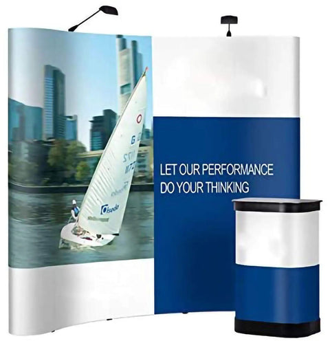 LED Trade Show Lights Set 2 Pack Plug And Play Display Lighting 12V DC above exhibition booth with blue and white panels