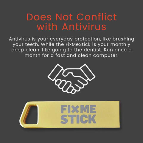 Gold Computer Virus Removal USB Stick For Windows PCs with FixMeStick branding visible on a dark background