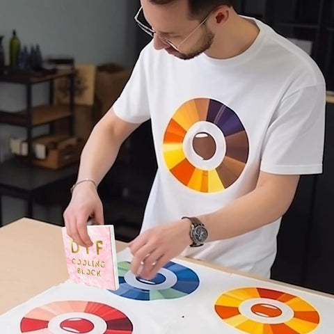 Person using Cooling Block For DTF Transfers Fast Cold Peel Printing Tool For DTF Powder Transfer Film And Sublimation.