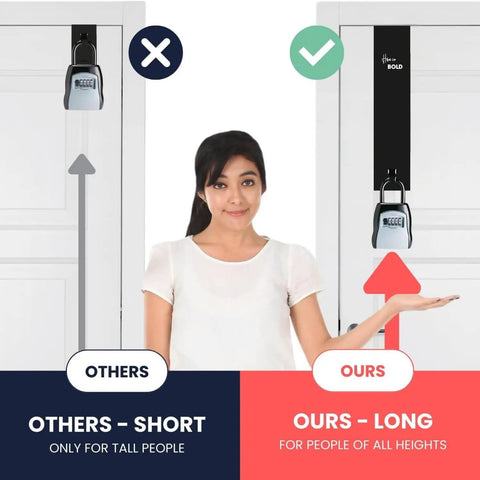 Top Shelf Over The Door Lock Box Bracket Featuring No Drill Install Perfect For AirBnB Hosts And Emergency Key Access With Slick Black Finish to show height versatility with user hand positioning.