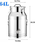 Built Tough 64 Liter Stainless Steel Milk Can With Swivel Tap, dimensions 12.71in x 15.55in x 24.33in, ideal for bulk pantry use.