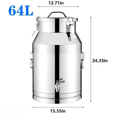 Built Tough 64 Liter Stainless Steel Milk Can With Swivel Tap, dimensions 12.71in x 15.55in x 24.33in, ideal for bulk pantry use.