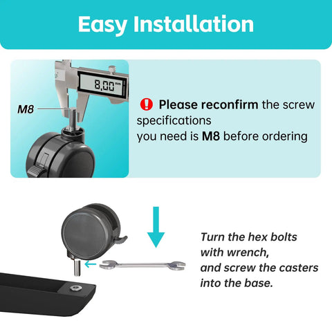 Installation guide for Top Shelf Standing Desk Casters With Lockable M8 Stem Rollers checking M8 specs and using wrench.