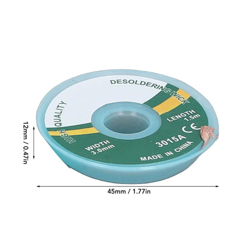 Spool of Desoldering Solder Wick Braid Copper Alloy 3mm By 1.5m For PCB Repair showing dimensions and product details.