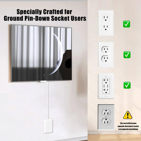Hassle Free 3 Foot Flat Plug Extension Cord Power Strip With Three Upward Outlets Low Profile Design, mounted behind a TV.