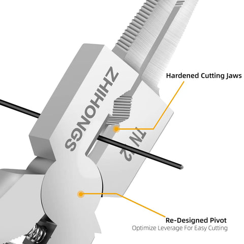 Close-up of 8-Inch MIG Welding Pliers with Retention Chain showing hardened cutting jaws and pivot point for leverage efficiency.