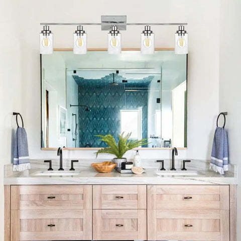 Industrial Chrome Five Light Vanity Light Fixture With Clear Glass Shades Modern Wall Sconces for bathroom