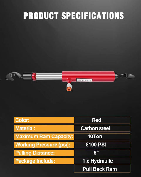 Heavy Duty Hydraulic Pull Back Ram For Porta Power Featuring 10 Ton Capacity With 26 Inch Stroke Built Like A Tank For Real Garage Jobs Yet Smooth Acting Carbon Steel Makes No Nonsense Auto Repair Easy In Red