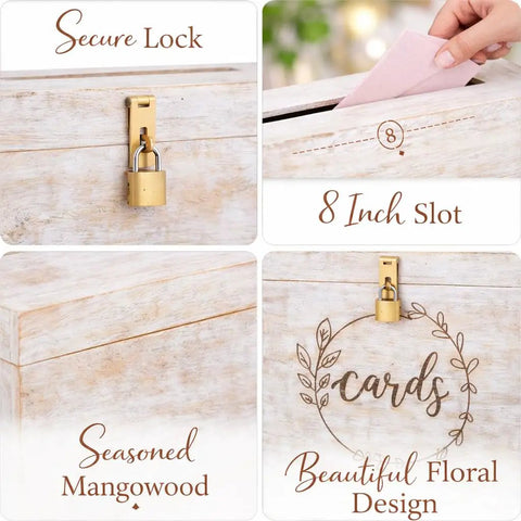 Darn Good Wooden Wedding Card Box With Secure Lock And Wide Card Slot Total Party Hit For Collecting Guest Envelopes and Sweet Wishes at Wedding Receptions, showcases secure lock and 8-inch slot.