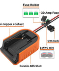Close-up of Dual Pack Dope Power Wheel Adapter Kit for 20V Max Batteries showing 14AWG wire, fuse holder, and durable ABS shell.