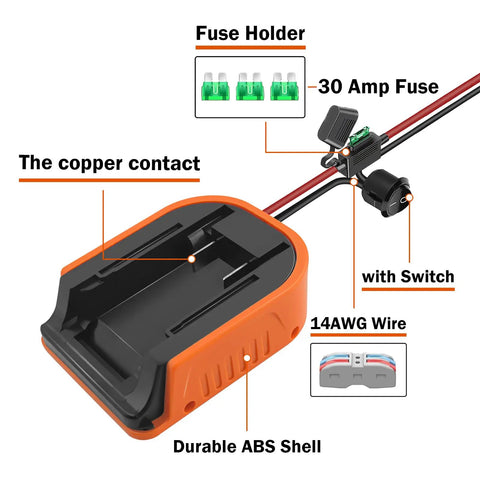 Close-up of Dual Pack Dope Power Wheel Adapter Kit for 20V Max Batteries showing 14AWG wire, fuse holder, and durable ABS shell.