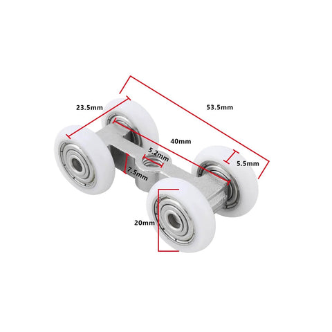 Two Pack Sliding Door Roller With 304 Stainless Steel Bearing For Home Sliding Doors And Bathroom Glass Doors, Small Hanging Wheel 23.5x40x20mm, Smooth Glide, Heavy Duty Hardware For Closet, Balcony, And More, side view with measurements.